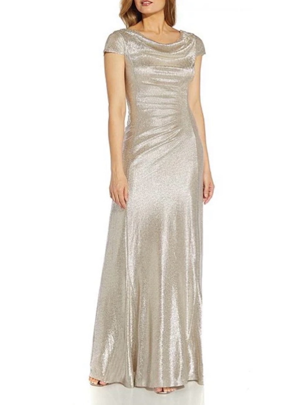 Formal Silver Metallic Cowl-Neck Draped Back A-Lined Maxi Cocktail Gown